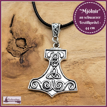 "Mjölnir - der Hammer des Thor" an schwarzer Textilkordel – 44 cm