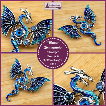 "Blauer Steampunk-Drache" - Brosche und Kettenanhänger - 2 in 1
