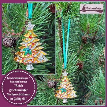 Geschenk- oder Weihnachtsbaumanhänger "Reich geschmückter Weihnachtsbaum"  in Goldgelb