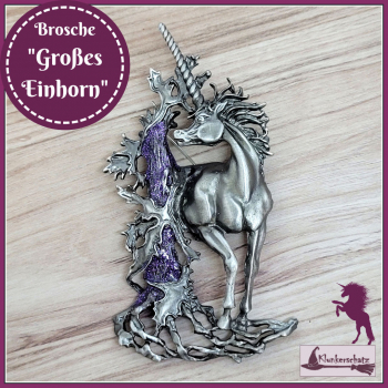 Brosche "Großes Einhorn" in der Farbe Zinn mit violettem Baum