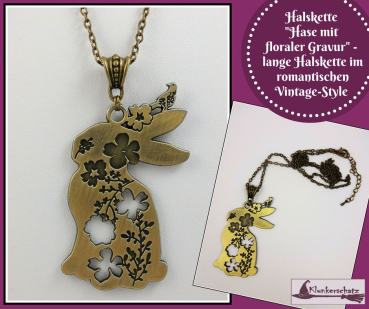 Halskette "Hase mit floraler Gravur" - lange Halskette im romantischen Vintage-Style