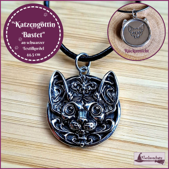 "Katzengöttin Bastet" an schwarzer Textilkordel - 44,5 cm