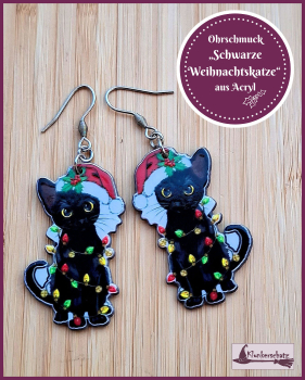 Preview: Großer Ohrschmuck „Schwarze Weihnachtskatze“ aus Acryl