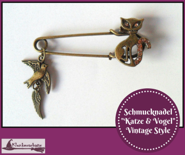 Schmucknadel "Katze & Vogel", Vintage Style