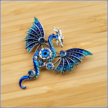 "Blauer Steampunk-Drache" - Brosche und Kettenanhänger - 2 in 1