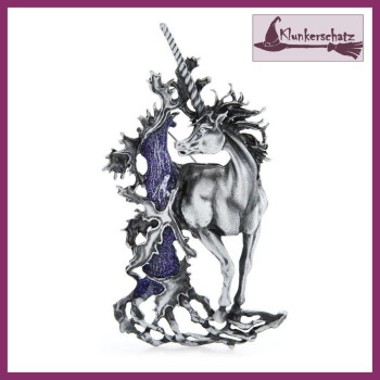 Brosche "Großes Einhorn" in der Farbe Zinn mit violettem Baum