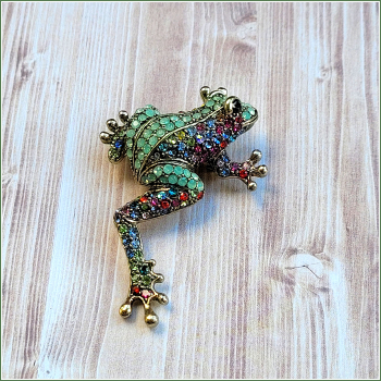 Brosche & Kettenanhänger – 2 in 1 -  „Funkelfrosch“ in Mintbunt - Einzelstück