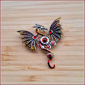 Preview: "Steampunk-Drache" in Rot - Brosche & Kettenanhänger - 2 in 1