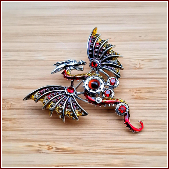 Preview: "Steampunk-Drache" in Rot - Brosche & Kettenanhänger - 2 in 1