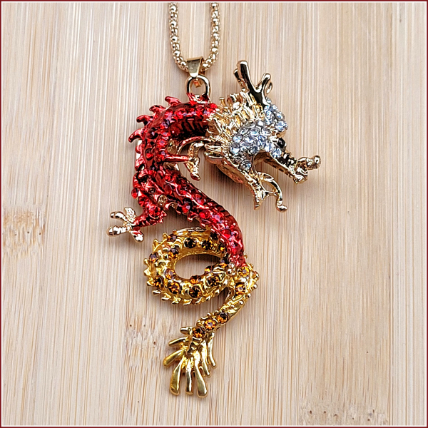 Halskette „Roter chinesischer Glücksdrache“  - 71 cm