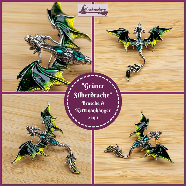 „Grüner Silberdrache“ – Brosche & Kettenanhänger – 2 in 1