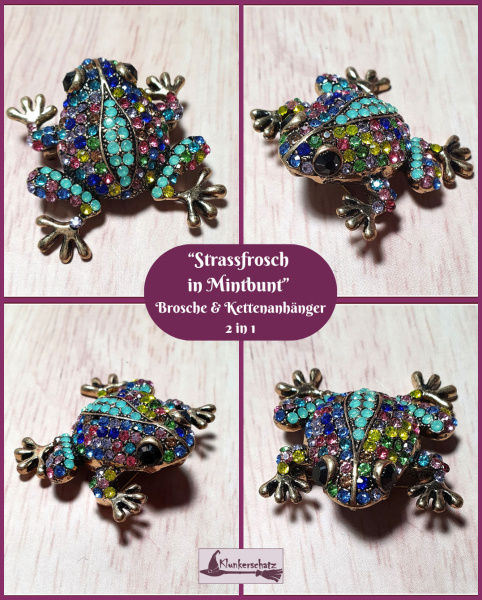 Brosche & Kettenanhänger – 2 in 1 -  „Strassfrosch“ in Mintbunt