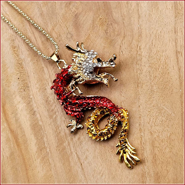 Halskette „Roter chinesischer Glücksdrache“  - 71 cm