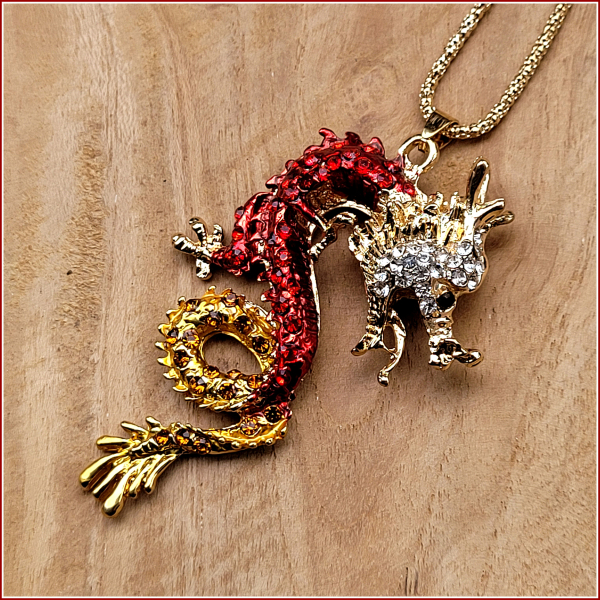 Halskette „Roter chinesischer Glücksdrache“  - 71 cm