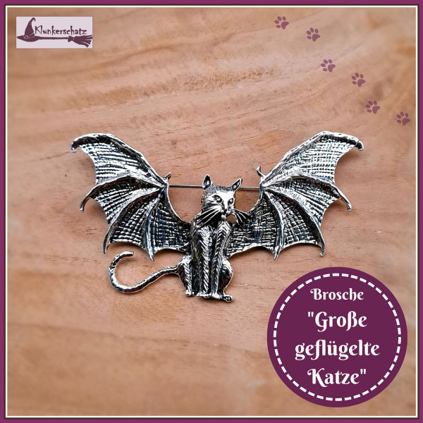 Brosche "Große geflügelte Hexenkatze"
