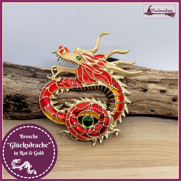 Brosche "Chinesischer Glücksdrache" in Rot & Gold