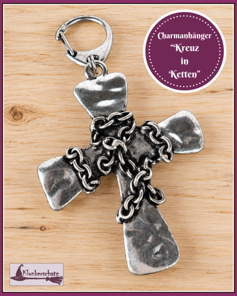 Großer Charmanhänger mit Karabiner "Kreuz in Ketten"
