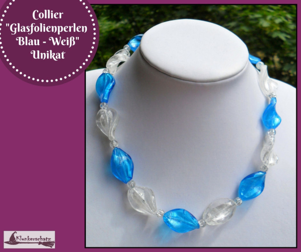 Collier "Glasfolienperlen - Blau - Weiß" - Unikat