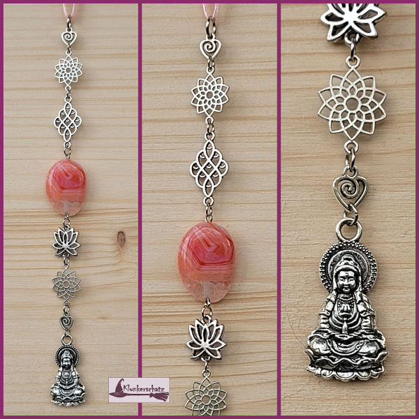 Langer, schlanker Fenster-, Wand- oder Altarschmuck „Kuan Yin – die Schützerin der Frauen und Kinder“ mit Achat - Unikat