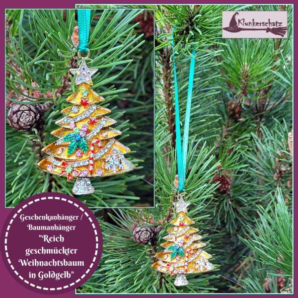 Geschenk- oder Weihnachtsbaumanhänger "Reich geschmückter Weihnachtsbaum"  in Goldgelb