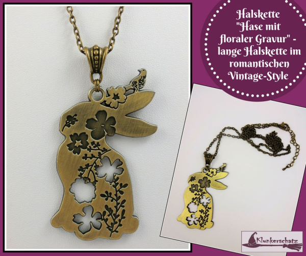 Halskette "Hase mit floraler Gravur" - lange Halskette im romantischen Vintage-Style