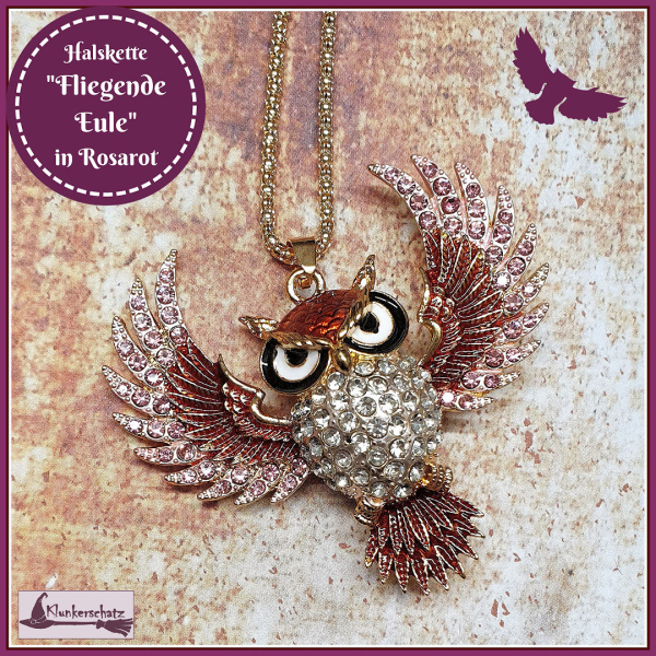 Halskette "Fliegende Eule" in Rosarot - 72 cm - Einzelstück