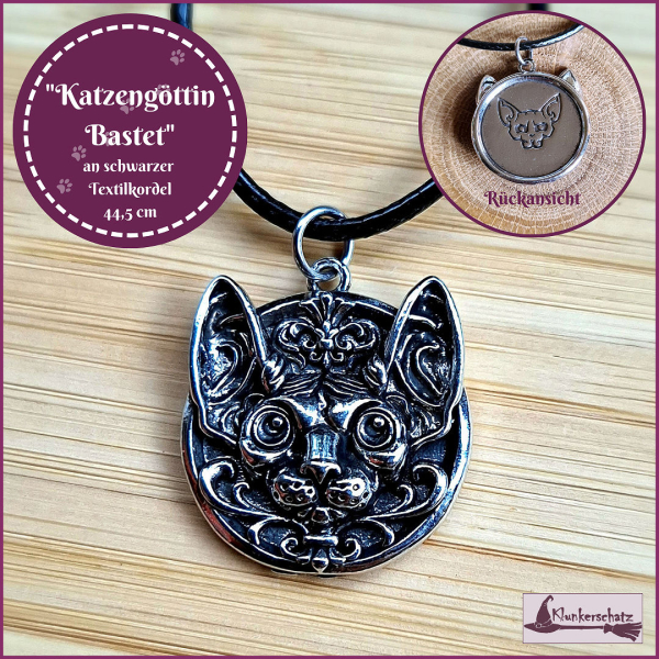 "Katzengöttin Bastet" an schwarzer Textilkordel - 44,5 cm