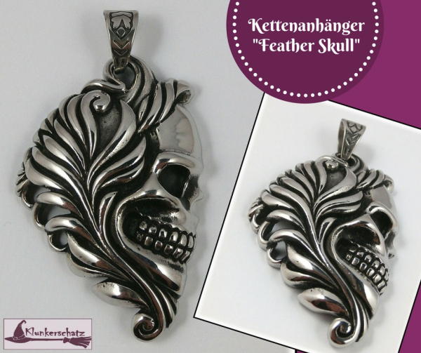 Großer Kettenanhänger "Feather Skull" aus Edelstahl
