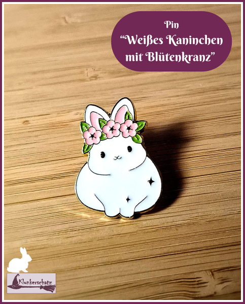 Pin „Weißes Kaninchen mit Blütenkranz“