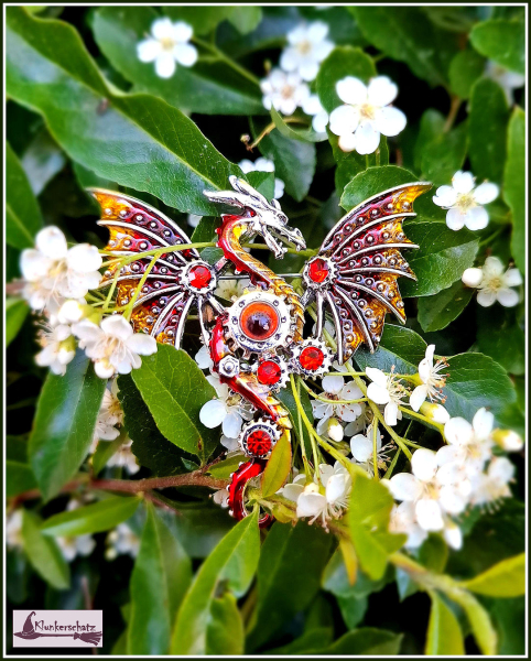 "Steampunk-Drache" in Rot - Brosche & Kettenanhänger - 2 in 1