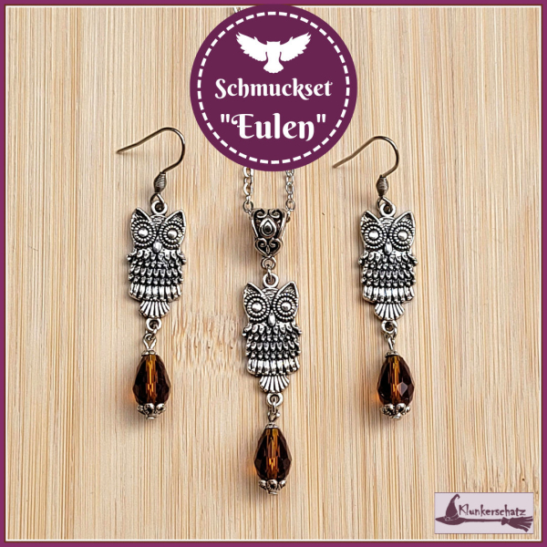Schmuckset "Eulen mit braunen Glastropfen"