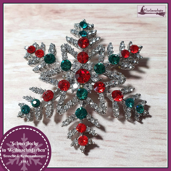 „Schneeflocke in Weihnachtsfarben“ – Brosche & Kettenanhänger – 2 in 1