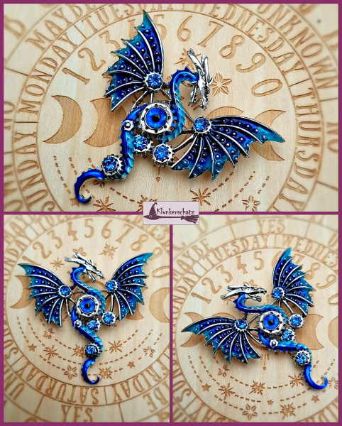 "Blauer Steampunk-Drache" - Brosche und Kettenanhänger - 2 in 1