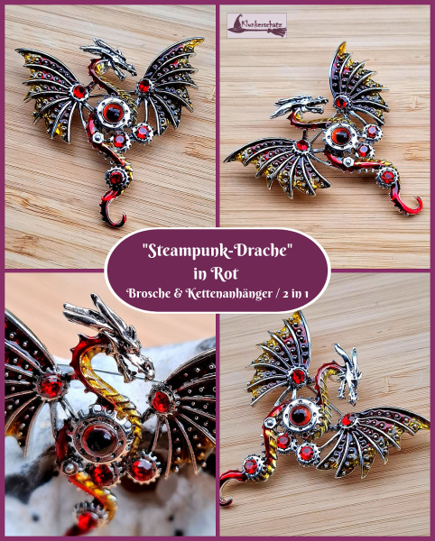 "Steampunk-Drache" in Rot - Brosche & Kettenanhänger - 2 in 1