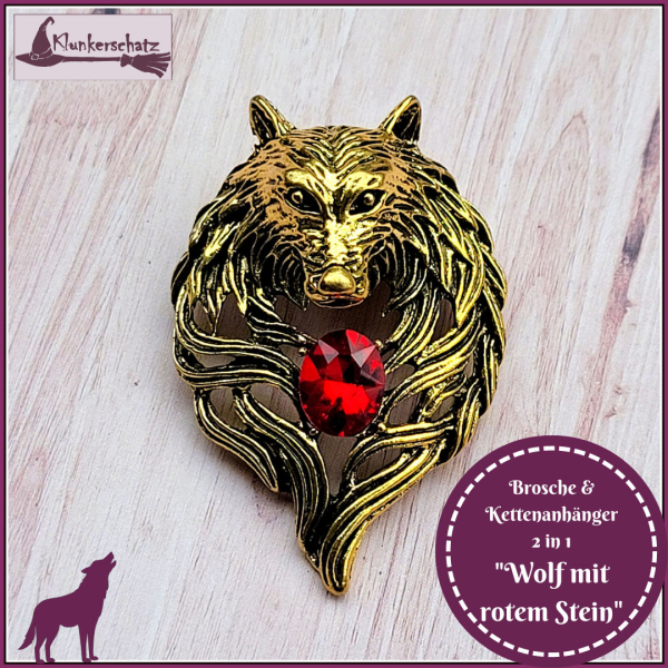 "Wolf mit rotem Stein" - Brosche & Kettenanhänger - 2 in 1