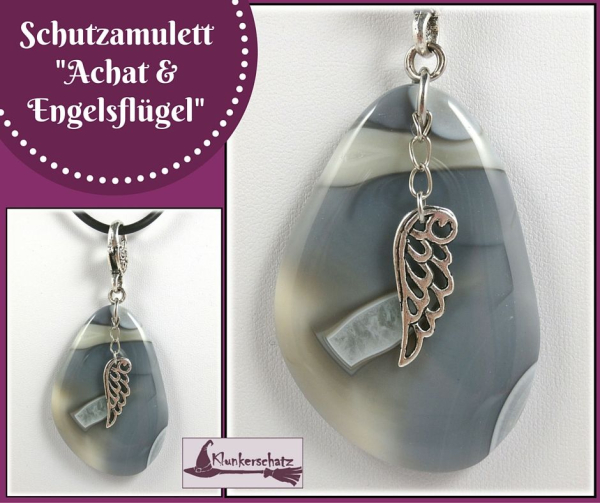 Charmanhänger / Schutzamulett "Grauer Achat & Engelsflügel"