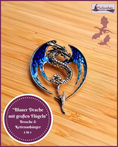 „Blauer Silberdrache mit großen Flügeln“ Brosche &  Kettenanhänger - 2 in 1