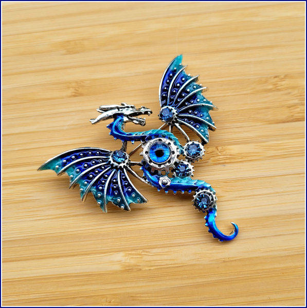 "Blauer Steampunk-Drache" - Brosche und Kettenanhänger - 2 in 1