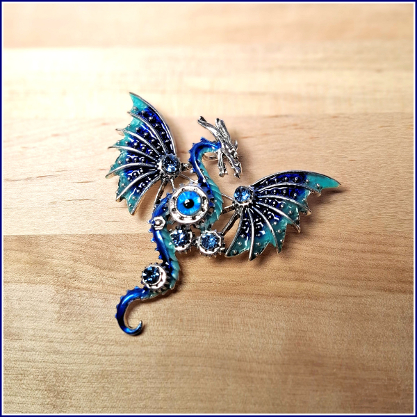 "Blauer Steampunk-Drache" - Brosche und Kettenanhänger - 2 in 1