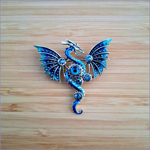 "Blauer Steampunk-Drache" - Brosche und Kettenanhänger - 2 in 1