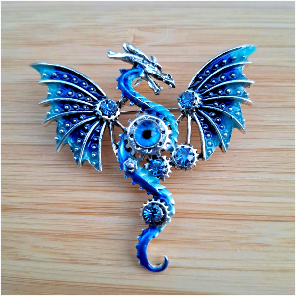 "Blauer Steampunk-Drache" - Brosche und Kettenanhänger - 2 in 1