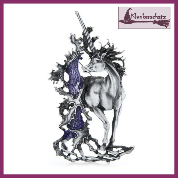 Brosche "Großes Einhorn" in der Farbe Zinn mit violettem Baum