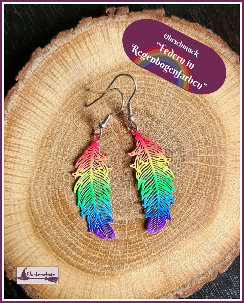 Ohrschmuck „Federn in Regenbogenfarben“, handbemalt