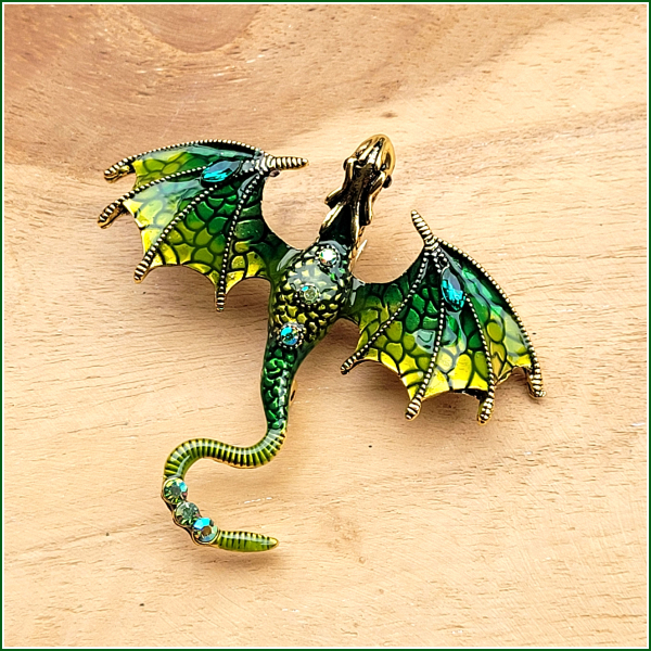 "Goldgrüner Flugdrache" - Brosche & Kettenanhänger - 2 in 1