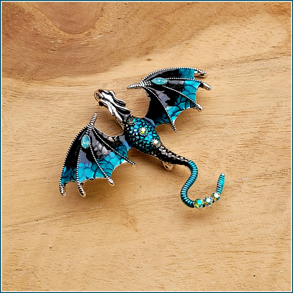 "Flugdrache" in Türkis und Schwarz - Brosche & Kettenanhänger - 2 in 1