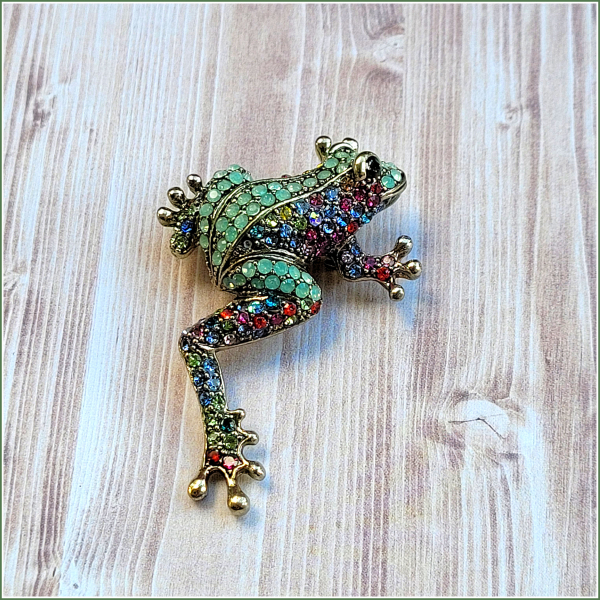 Brosche & Kettenanhänger – 2 in 1 -  „Funkelfrosch“ in Mintbunt - Einzelstück