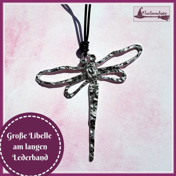 Halskette "Große Libelle" am langen Lederband