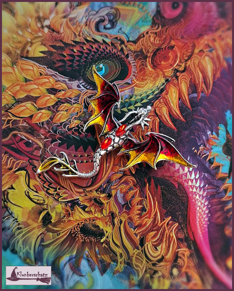 „Fliegender Drache in Rot-Gold“ - Brosche & Kettenanhänger - 2 in 1
