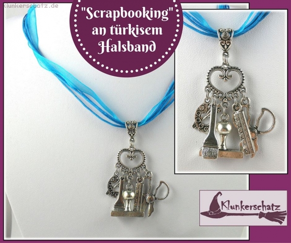 Halskette "Scrapbooking" an mehrreihigem Textilband in Türkis