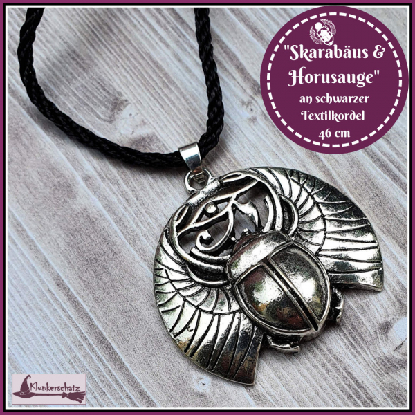 "Skarabäus & Horusauge" an schwarzer Textilkordel - 46 cm